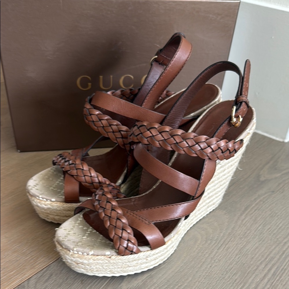 Gucci Brown Woven Leather Wedges
